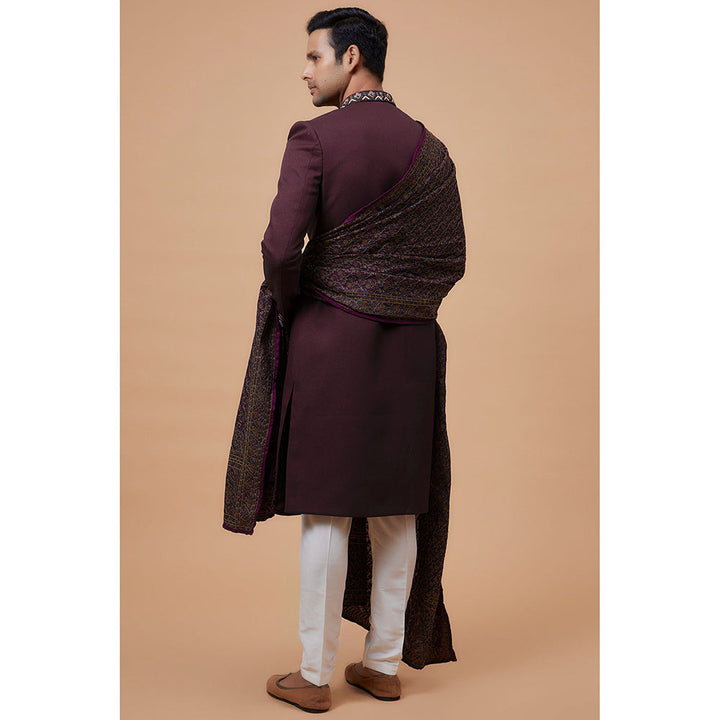 RIYAASAT Wine Suiting Fabric Embroidered Sherwani with Pant and Shawl (Set of 3)