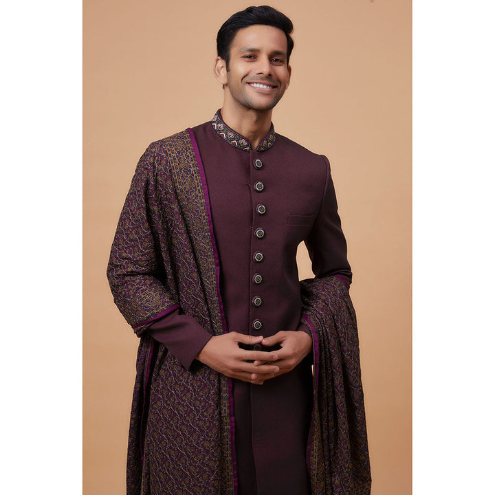 RIYAASAT Wine Suiting Fabric Embroidered Sherwani with Pant and Shawl (Set of 3)