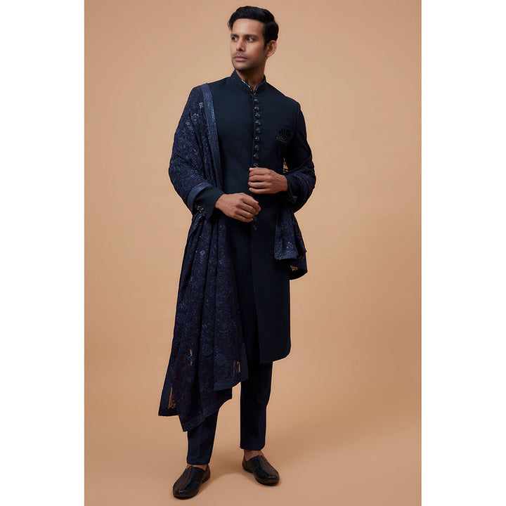 RIYAASAT Blue Suiting Fabric Embroidered Sherwani with Pant and Shawl (Set of 3)