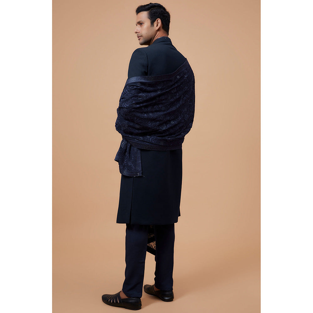 RIYAASAT Blue Suiting Fabric Embroidered Sherwani with Pant and Shawl (Set of 3)