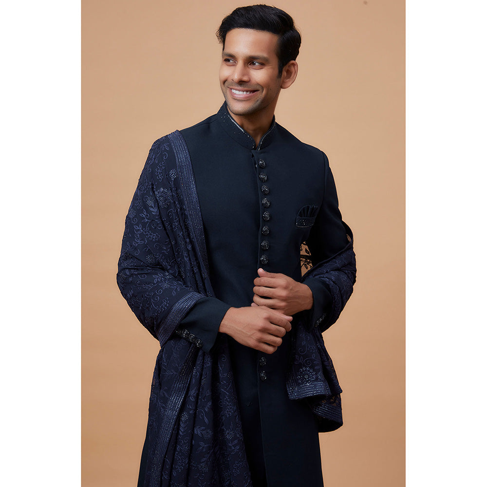 RIYAASAT Blue Suiting Fabric Embroidered Sherwani with Pant and Shawl (Set of 3)