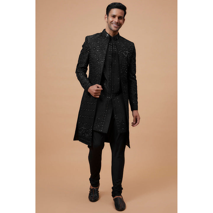 RIYAASAT Black Silk Embroidered Kurta with Churidar and Jacket (Set of 3)