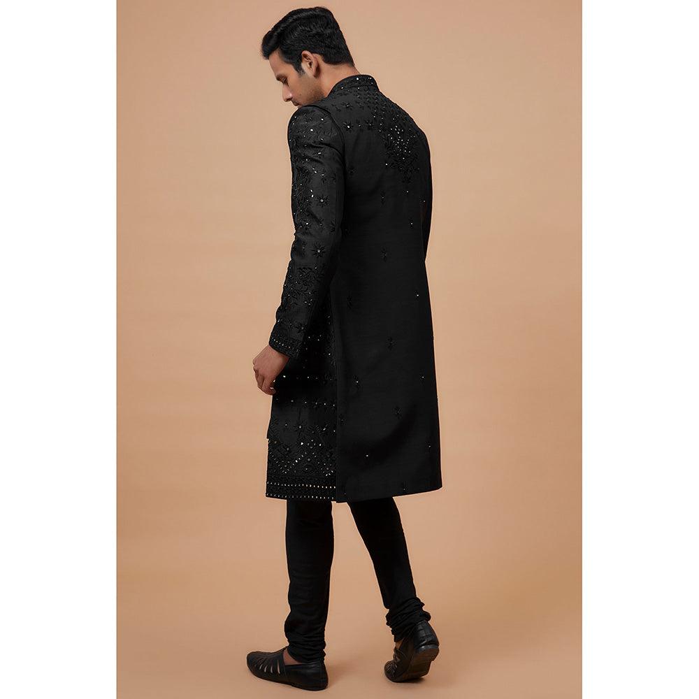 RIYAASAT Black Silk Embroidered Kurta with Churidar and Jacket (Set of 3)