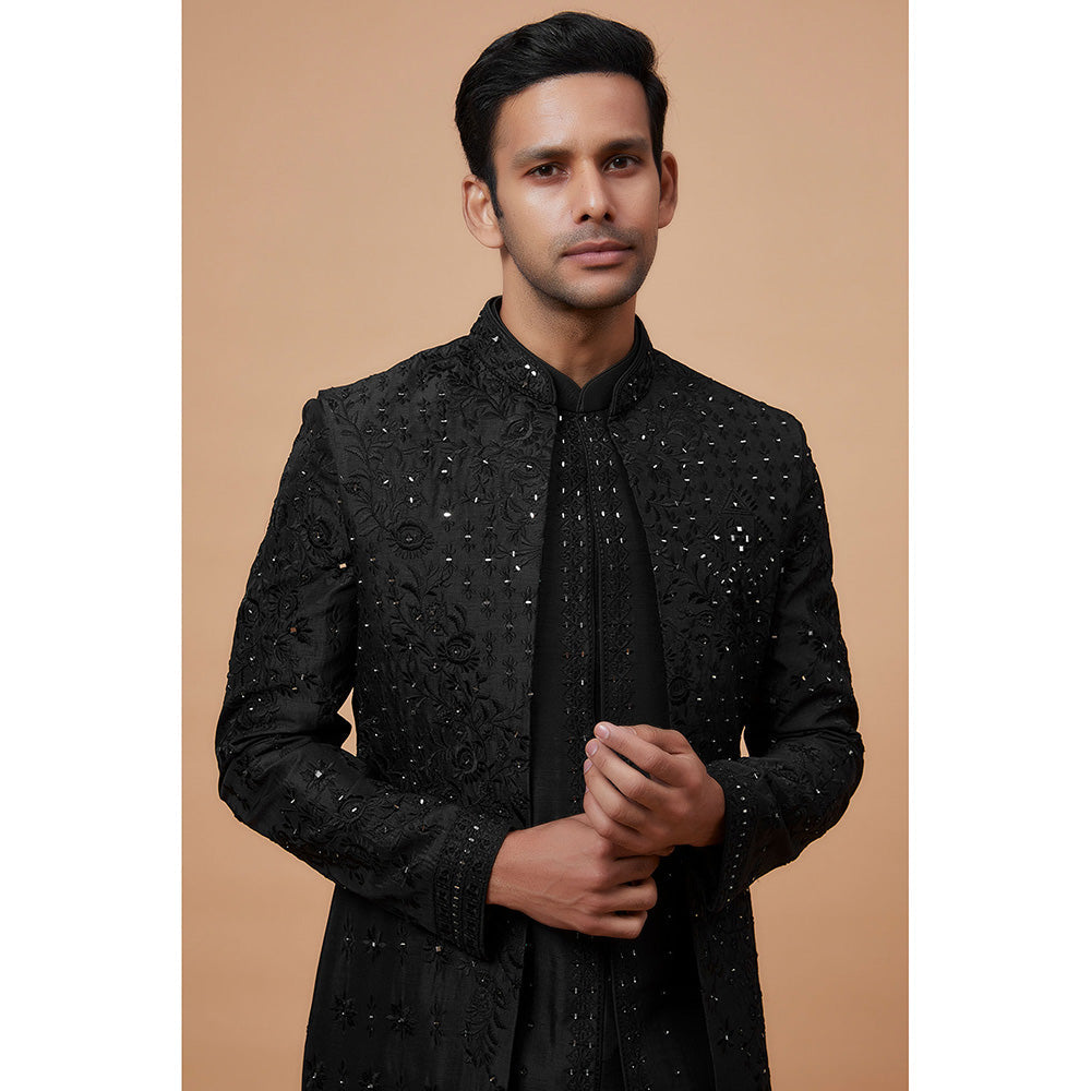 RIYAASAT Black Silk Embroidered Kurta with Churidar and Jacket (Set of 3)