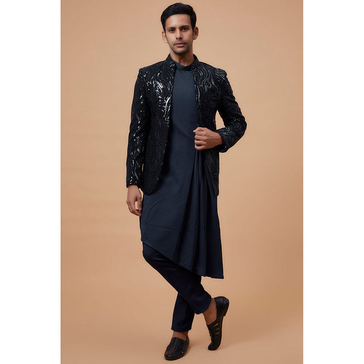 RIYAASAT Blue Silk Embroidered Kurta with Pant and Jacket (Set of 3)