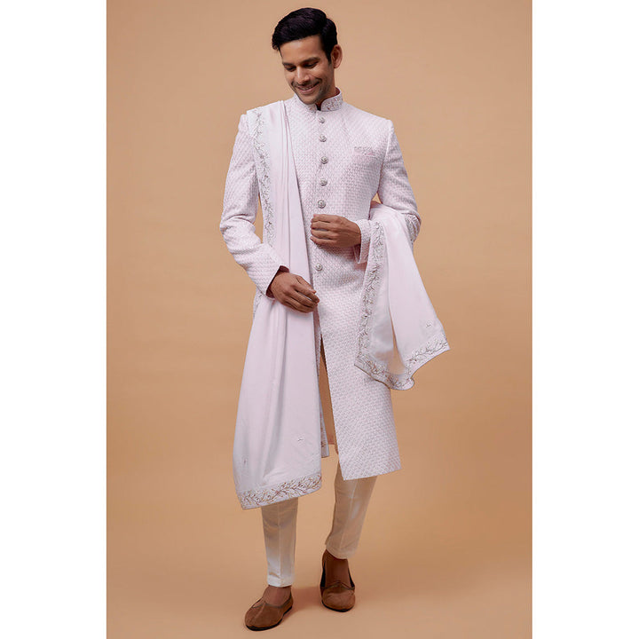 RIYAASAT Light Pink Lucknowi Embroidered Sherwani with Pant and Shawl (Set of 3)