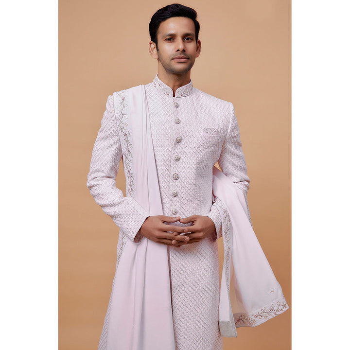 RIYAASAT Light Pink Lucknowi Embroidered Sherwani with Pant and Shawl (Set of 3)