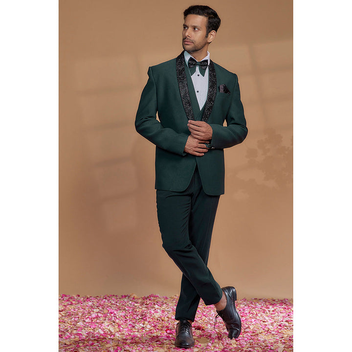 RIYAASAT Royal Green Imported Suiting Fabric Embroidered Tuxedo (Set of 5)