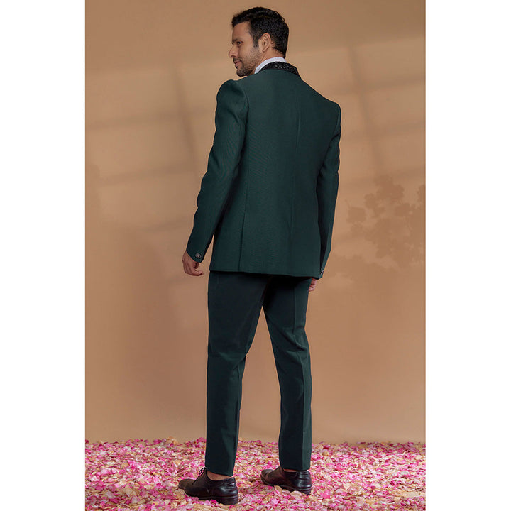 RIYAASAT Royal Green Imported Suiting Fabric Embroidered Tuxedo (Set of 5)