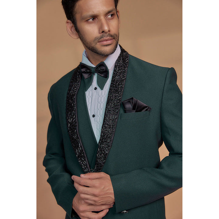 RIYAASAT Royal Green Imported Suiting Fabric Embroidered Tuxedo (Set of 5)