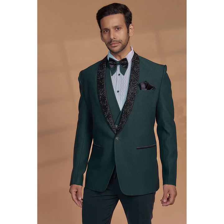 RIYAASAT Royal Green Imported Suiting Fabric Embroidered Tuxedo (Set of 5)