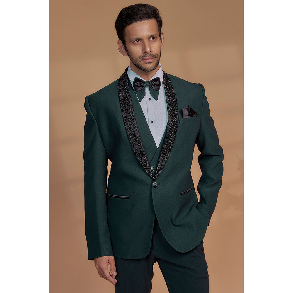 RIYAASAT Royal Green Imported Suiting Fabric Embroidered Tuxedo (Set of 5)