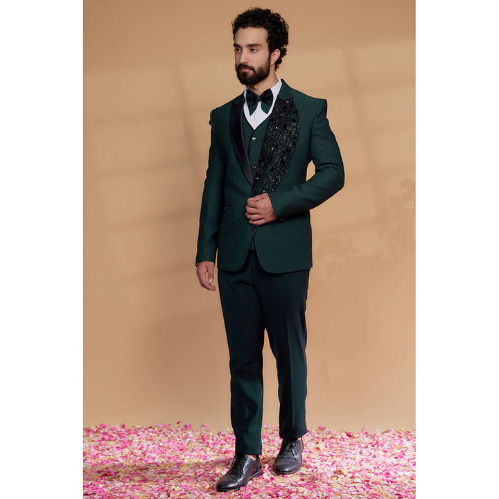 RIYAASAT Deep Green Imported Suiting Fabric Embroidered Tuxedo (Set of 5)