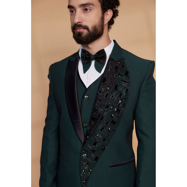 RIYAASAT Deep Green Imported Suiting Fabric Embroidered Tuxedo (Set of 5)