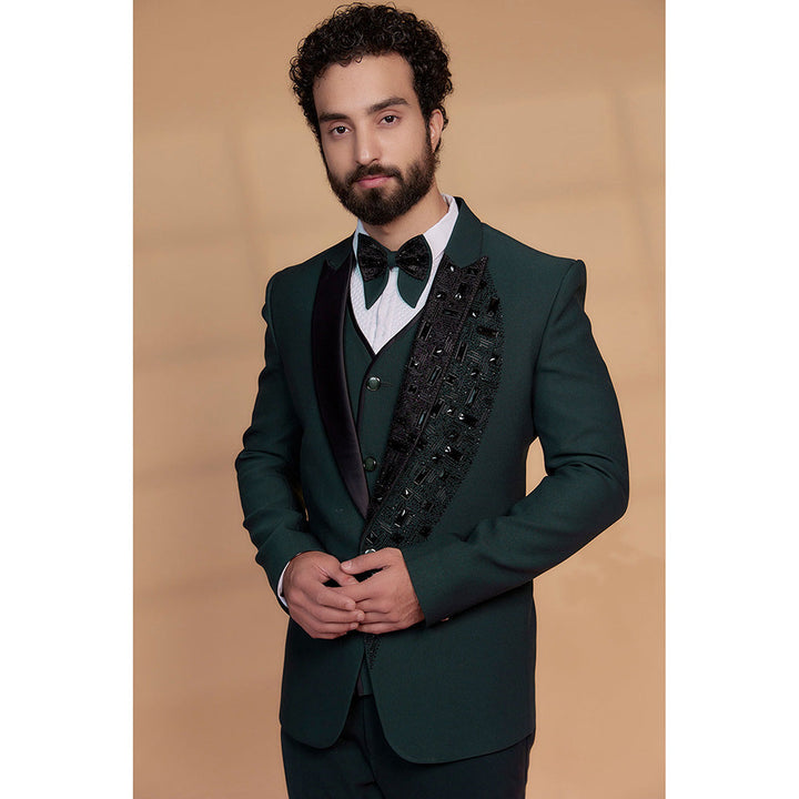 RIYAASAT Deep Green Imported Suiting Fabric Embroidered Tuxedo (Set of 5)