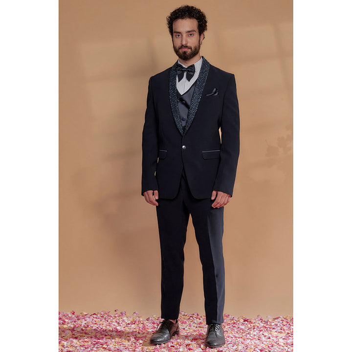 RIYAASAT Deep Blue Suiting Fabric Embroidered Tuxedo (Set of 5)