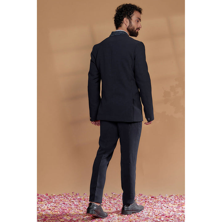 RIYAASAT Deep Blue Suiting Fabric Embroidered Tuxedo (Set of 5)