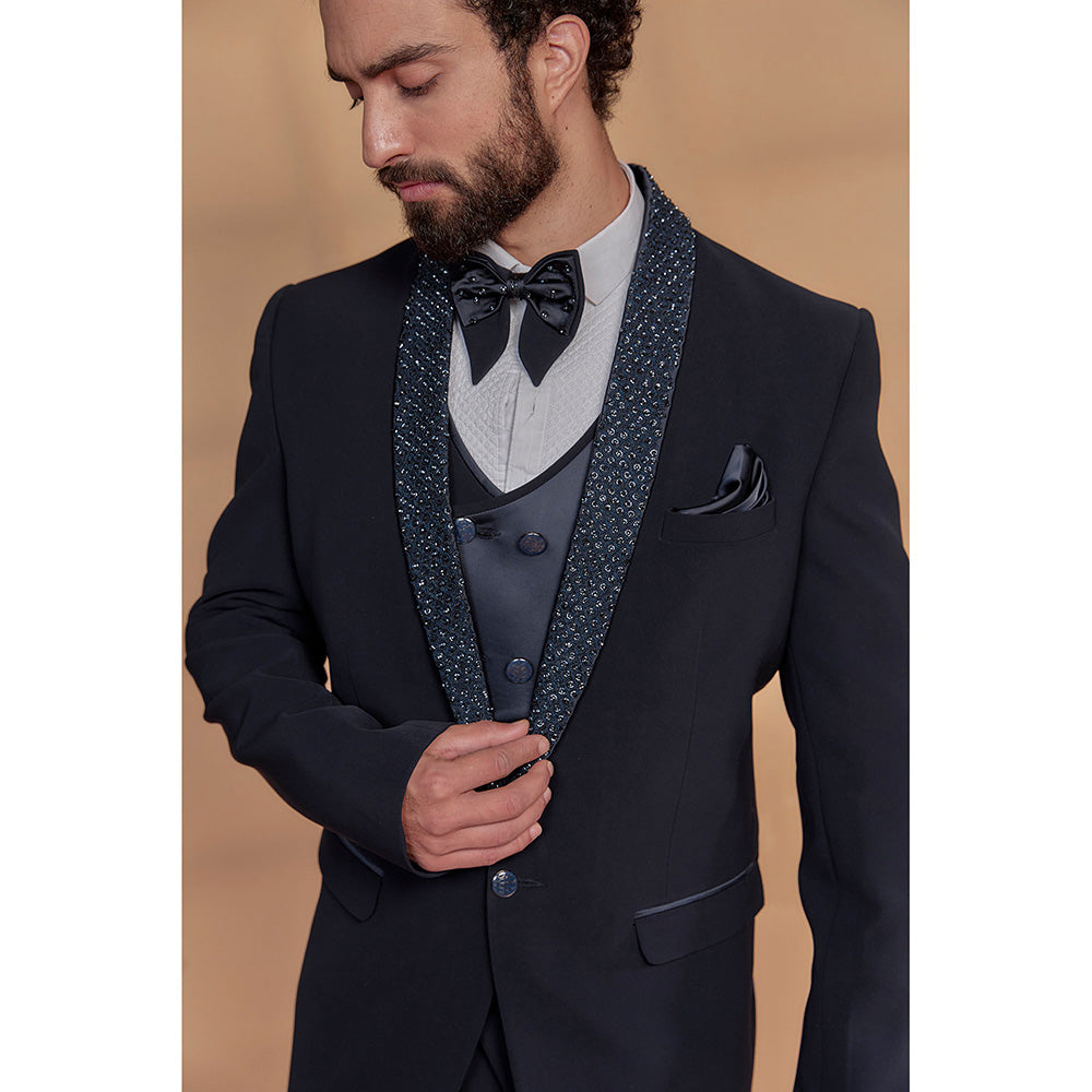 RIYAASAT Deep Blue Suiting Fabric Embroidered Tuxedo (Set of 5)