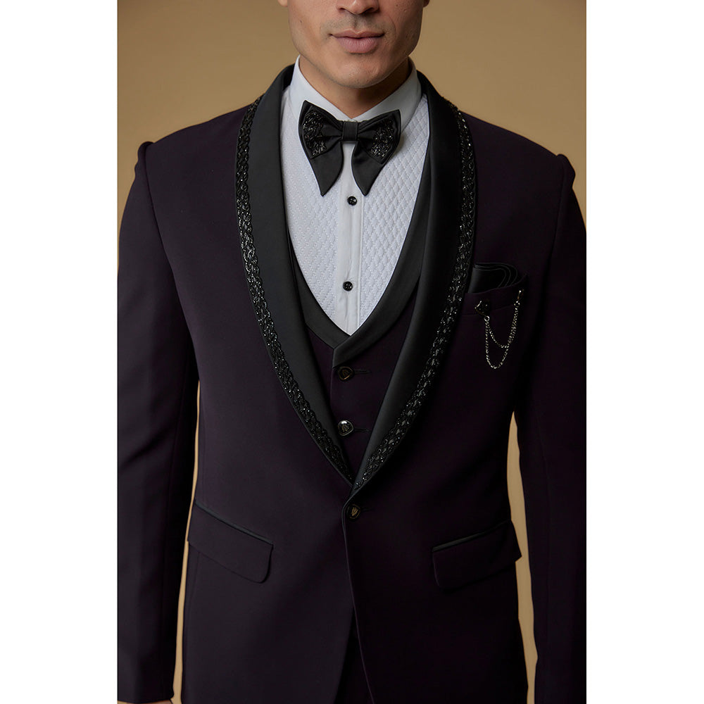 RIYAASAT Dark Purple Japanese Suiting Hand Embroidered Tuxedo (Set of 5)