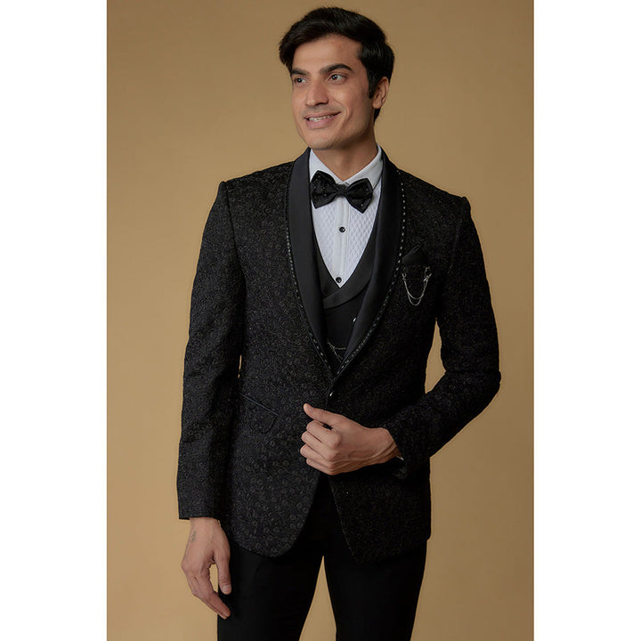 RIYAASAT Caviar Black Japanese Suiting Hand Embroidered Tuxedo (Set of 5)