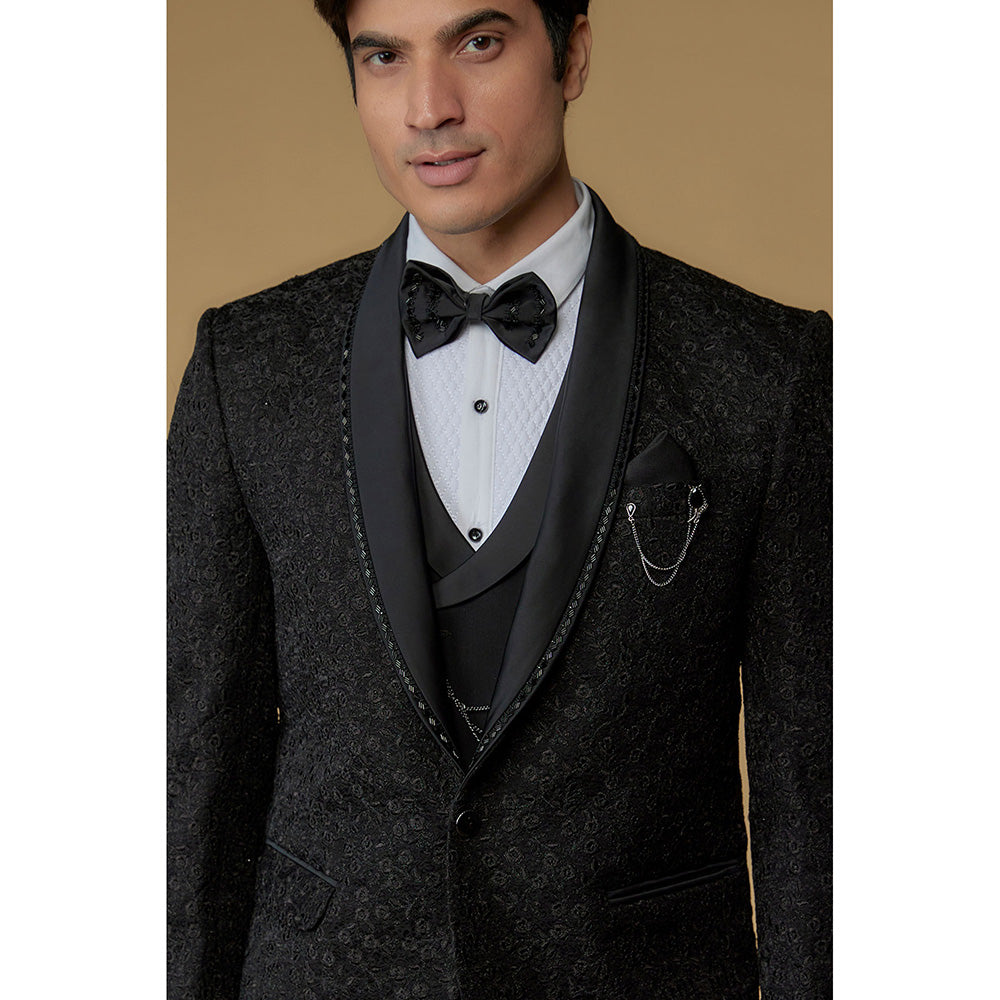 RIYAASAT Caviar Black Japanese Suiting Hand Embroidered Tuxedo (Set of 5)