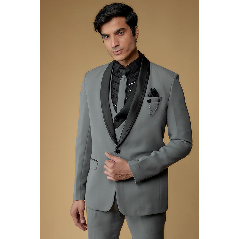 RIYAASAT Dusty Grey Japanese Suiting Hand Embroidered Tuxedo (Set of 5)