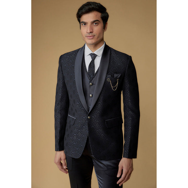 RIYAASAT Black Italian Jacquard Hand Embroidered Tuxedo (Set of 5)