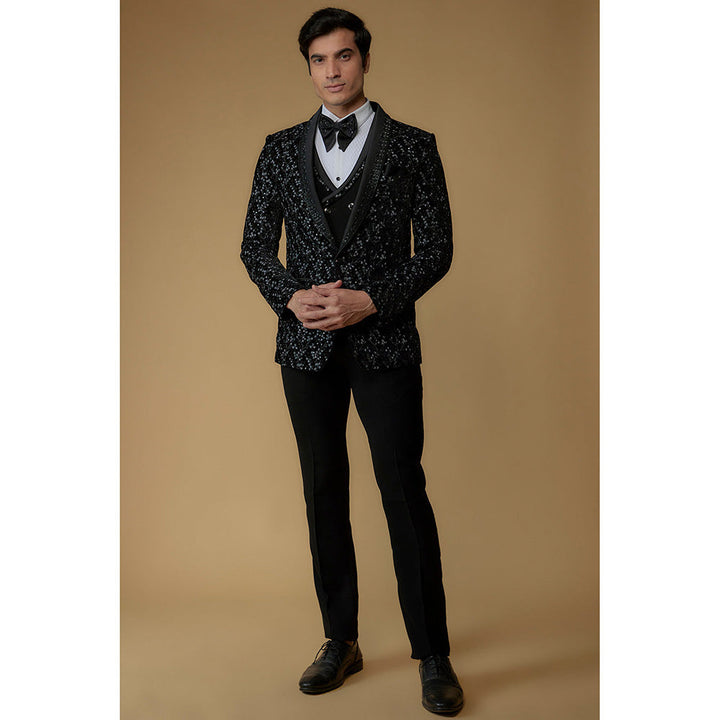 RIYAASAT Black Velvet Thread Embroidered Tuxedo (Set of 5)