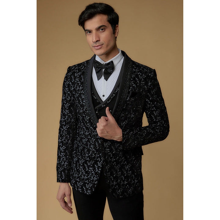 RIYAASAT Black Velvet Thread Embroidered Tuxedo (Set of 5)