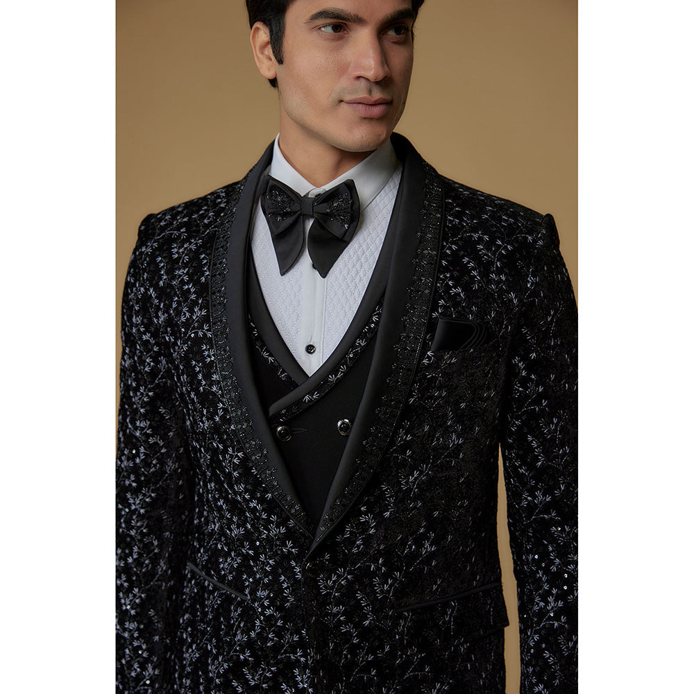 RIYAASAT Black Velvet Thread Embroidered Tuxedo (Set of 5)