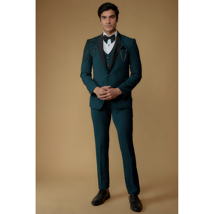 RIYAASAT Teal Suiting Fabric Hand Embroidered Tuxedo (Set of 5)