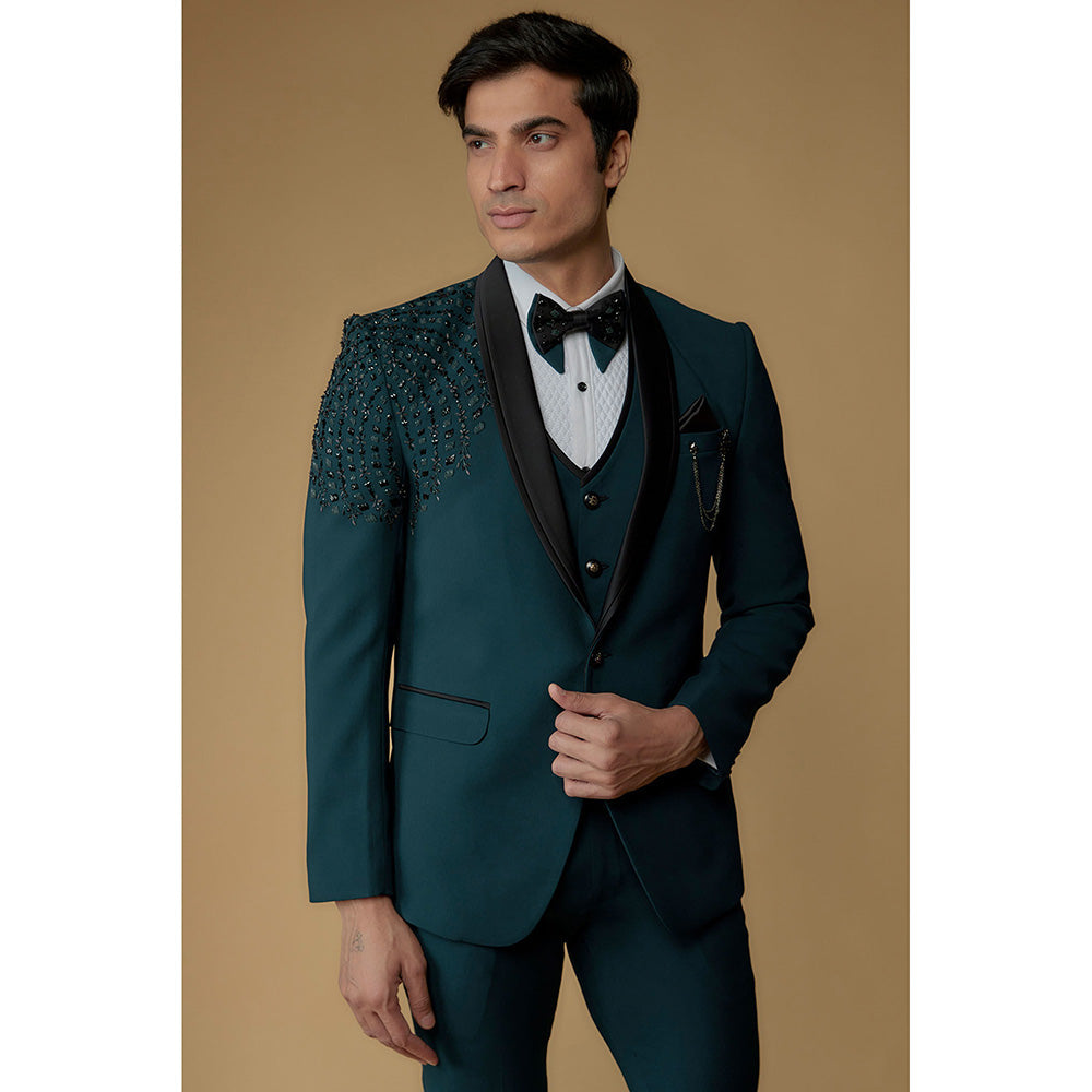 RIYAASAT Teal Suiting Fabric Hand Embroidered Tuxedo (Set of 5)