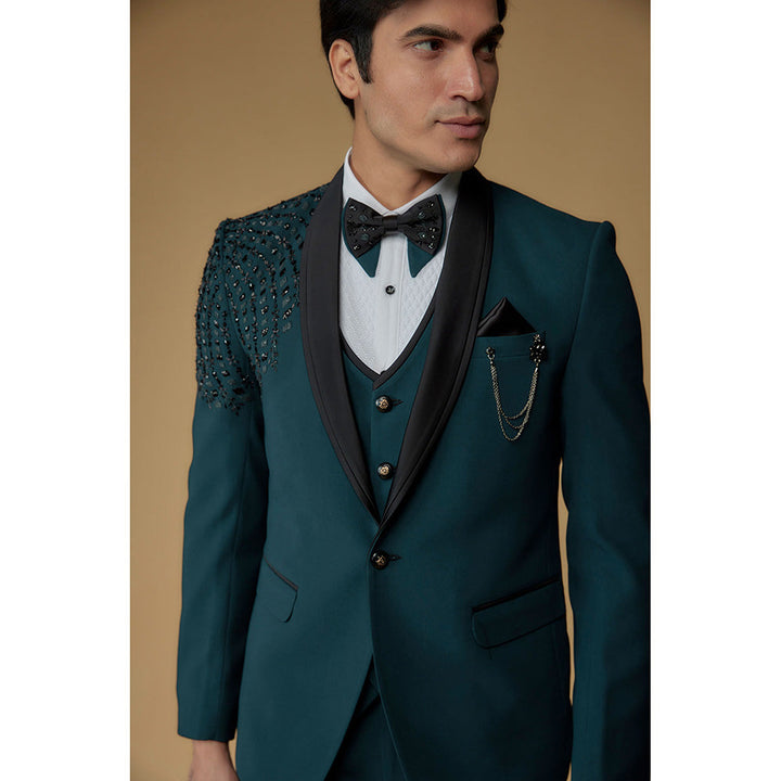 RIYAASAT Teal Suiting Fabric Hand Embroidered Tuxedo (Set of 5)