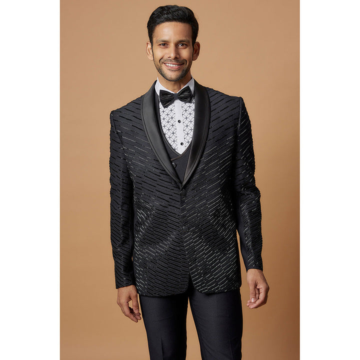 RIYAASAT Black Imported Suiting Fabric Embellished Tuxedo (Set of 5)