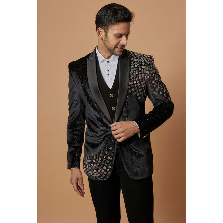 RIYAASAT Black Imported Suiting Fabric Embroidered Tuxedo (Set of 4)