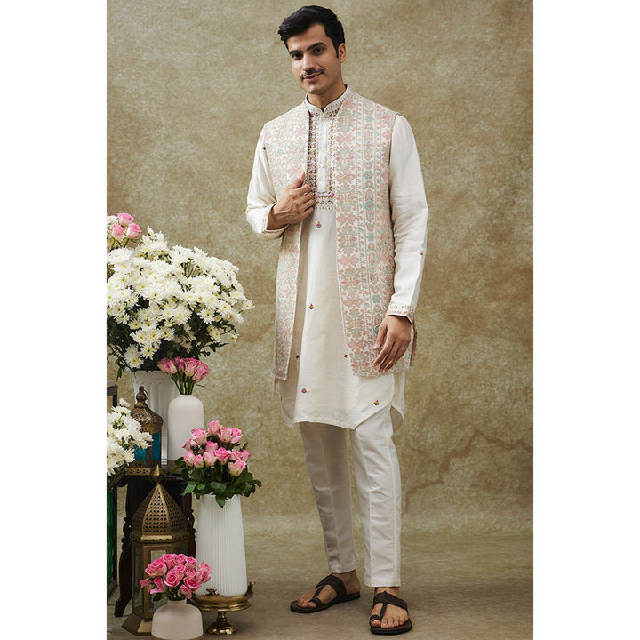 RIYAASAT Ice White Kurta With Pant And Nehru Jacket (Set of 3)