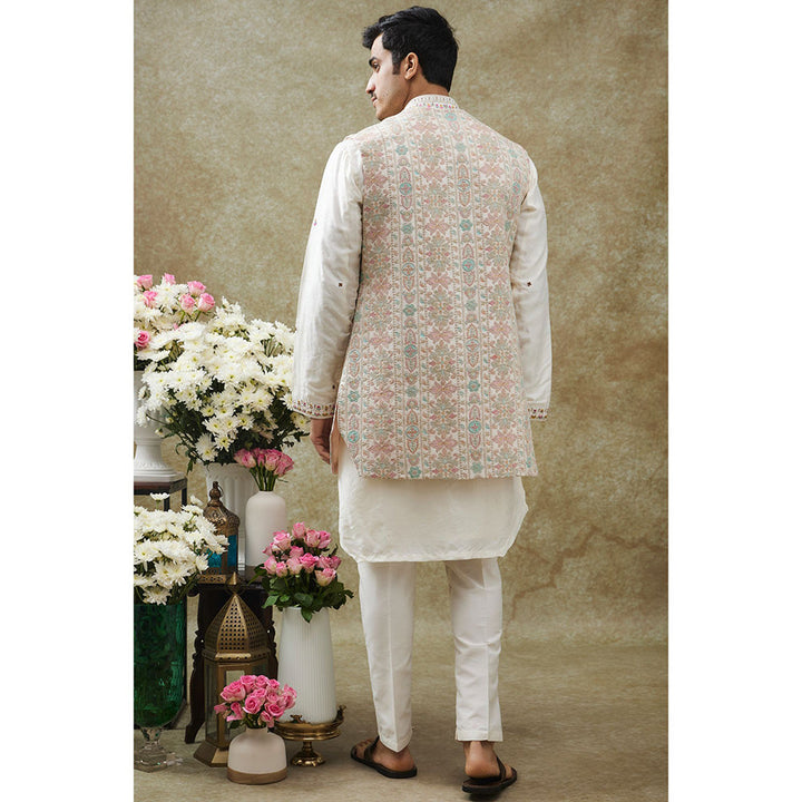 RIYAASAT Ice White Kurta With Pant And Nehru Jacket (Set of 3)