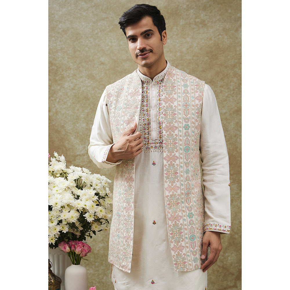 RIYAASAT Ice White Kurta With Pant And Nehru Jacket (Set of 3)