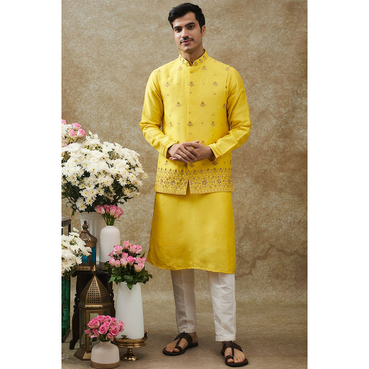 RIYAASAT Sunglow Yellow Splendid Silk Kurta With Pant And Nehru Jacket (Set of 3)