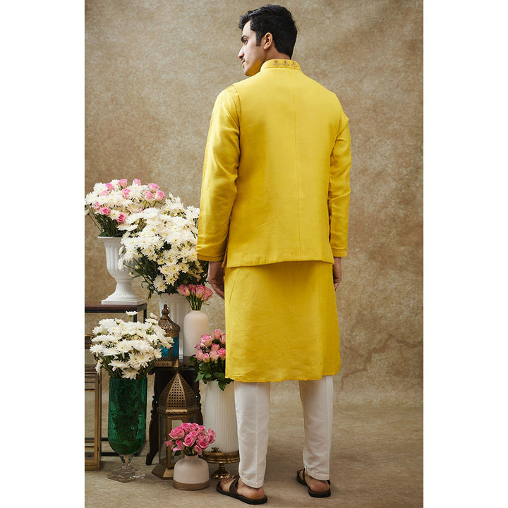 RIYAASAT Sunglow Yellow Splendid Silk Kurta With Pant And Nehru Jacket (Set of 3)