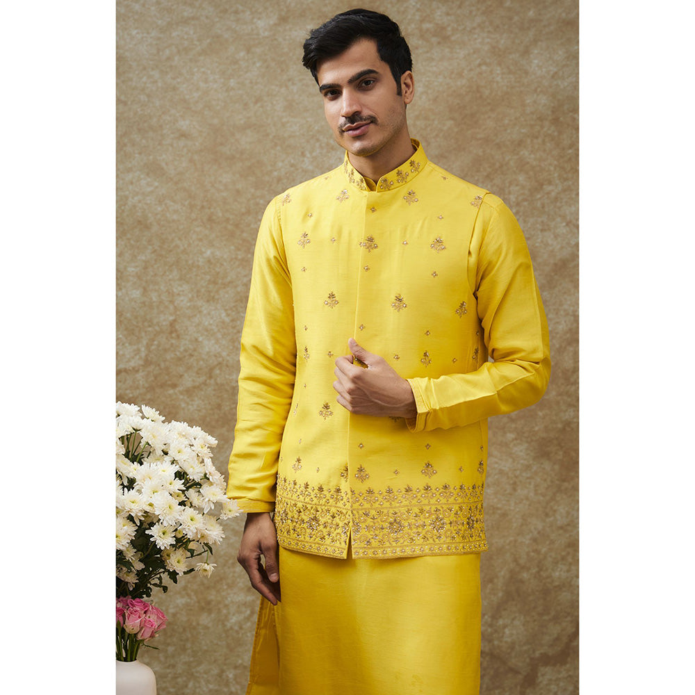 RIYAASAT Sunglow Yellow Splendid Silk Kurta With Pant And Nehru Jacket (Set of 3)