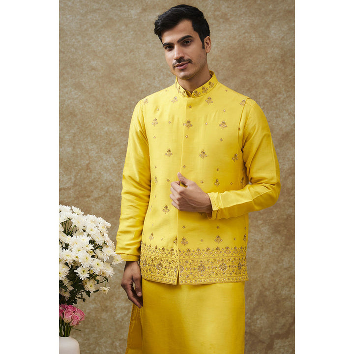 RIYAASAT Sunglow Yellow Splendid Silk Kurta With Pant And Nehru Jacket (Set of 3)