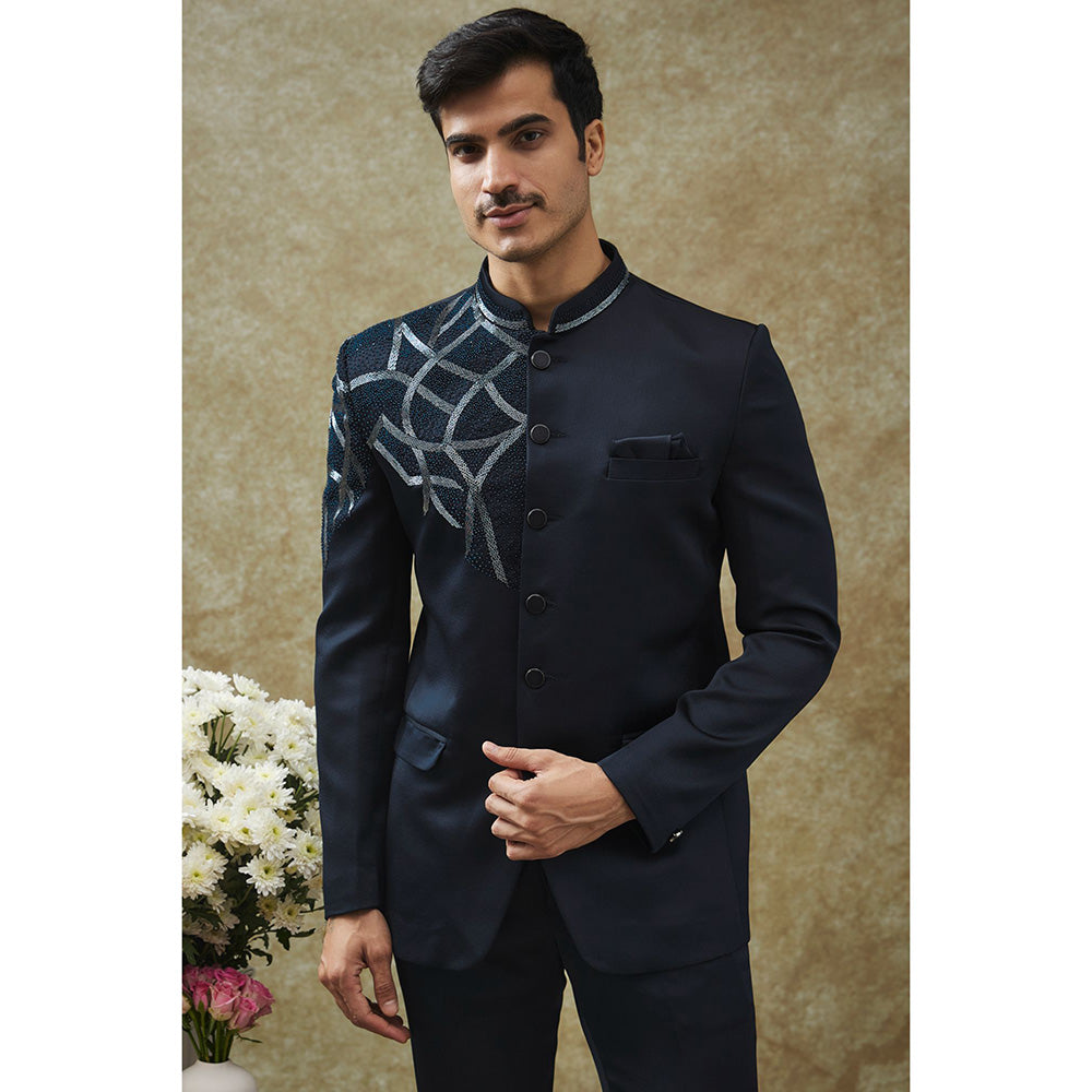 RIYAASAT Navy Blue Imported Italian Jodhpuri Jacket With Pant (Set of 2)