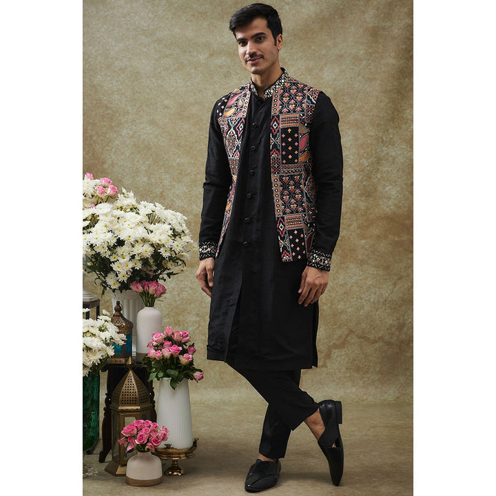 RIYAASAT Black Splendid Silk Nehru Jacket With Kurta And Pant (Set of 3)