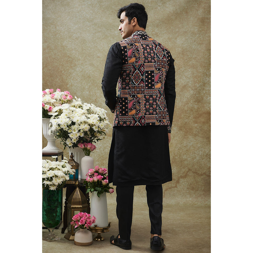 RIYAASAT Black Splendid Silk Nehru Jacket With Kurta And Pant (Set of 3)