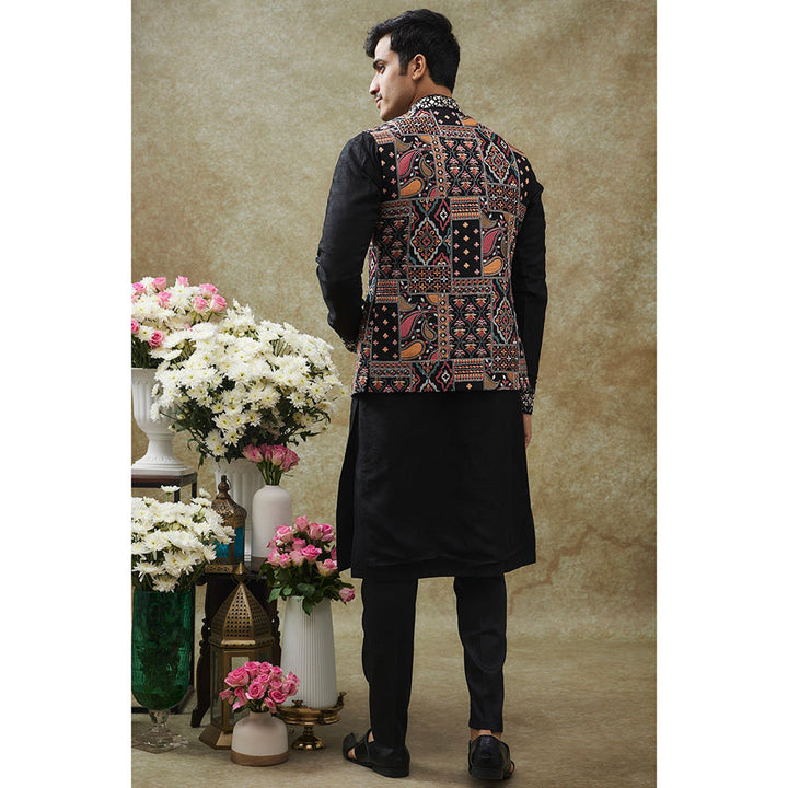 RIYAASAT Black Splendid Silk Nehru Jacket With Kurta And Pant (Set of 3)