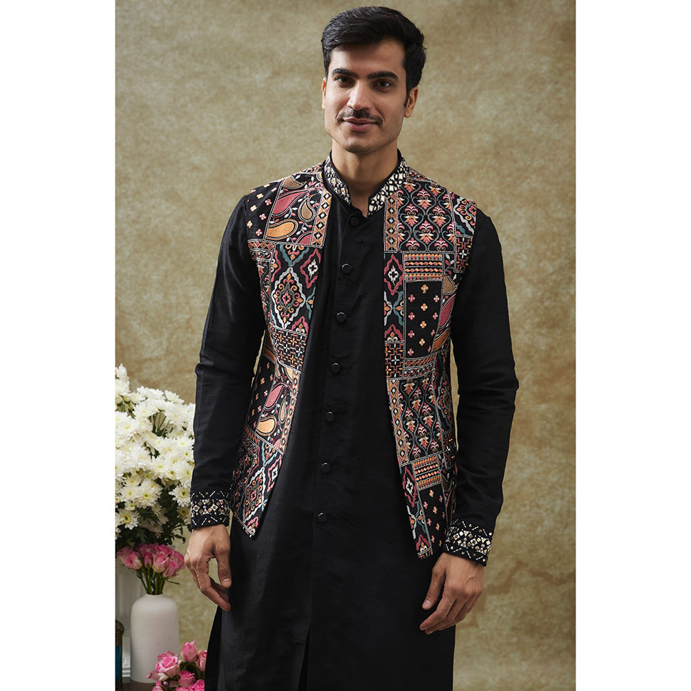 RIYAASAT Black Splendid Silk Nehru Jacket With Kurta And Pant (Set of 3)