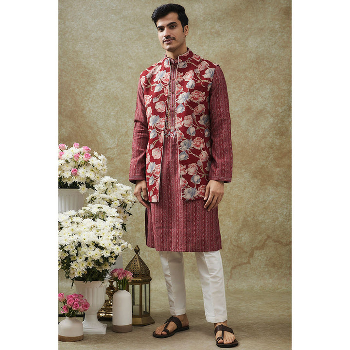 RIYAASAT Apple Red Kurta With Pant And Nehru Jacket (Set of 3)