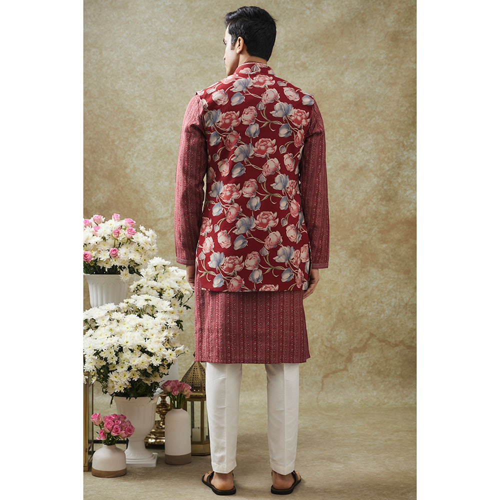 RIYAASAT Apple Red Kurta With Pant And Nehru Jacket (Set of 3)