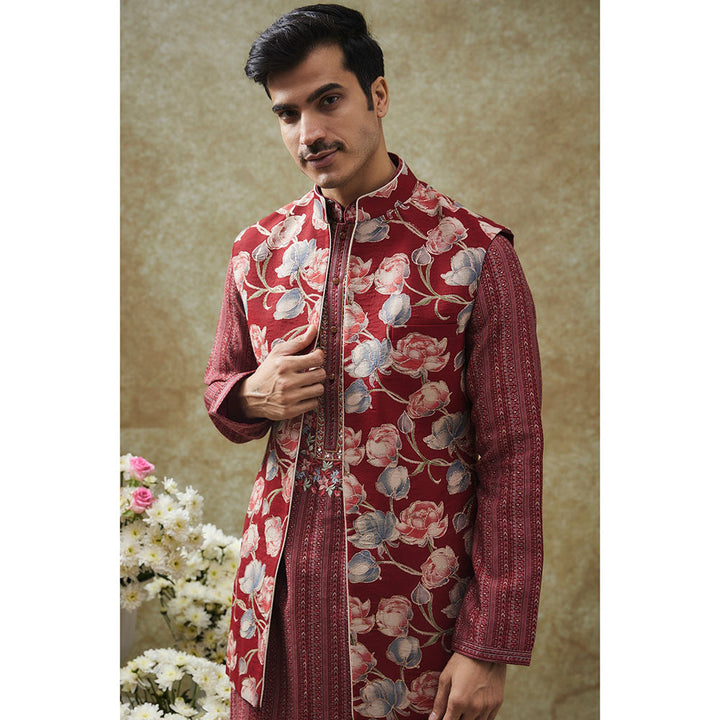 RIYAASAT Apple Red Kurta With Pant And Nehru Jacket (Set of 3)